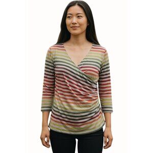 Coldwater Creek Multicolor Striped Quarter Sleeve Drape Front Ruched Top Medium